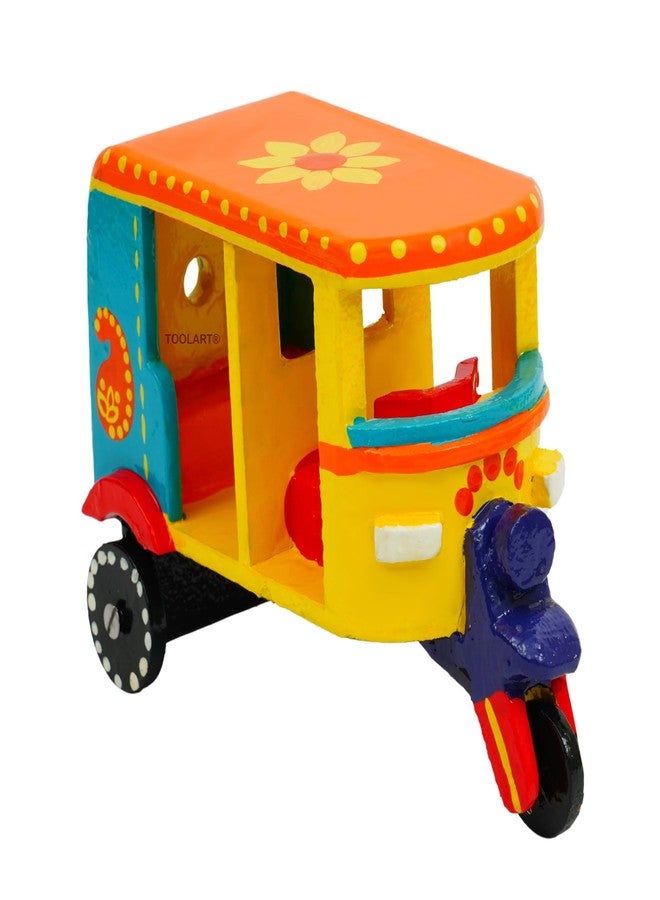 Toolart® Wooden Handcrafted Hand-Painted Auto Rickshaw Toy for Kids | Traditional Push & Pull Wooden Toy Showpiece | Best Birthday Return Gift (Small_Auto_Parent) (01) - Image 4